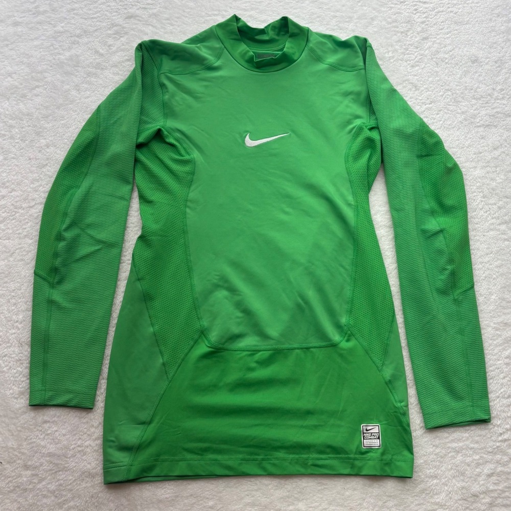 Nike Pro Combat Dri-FIT Mens Green Compression Mock Neck Long Sleeve Shirt L
